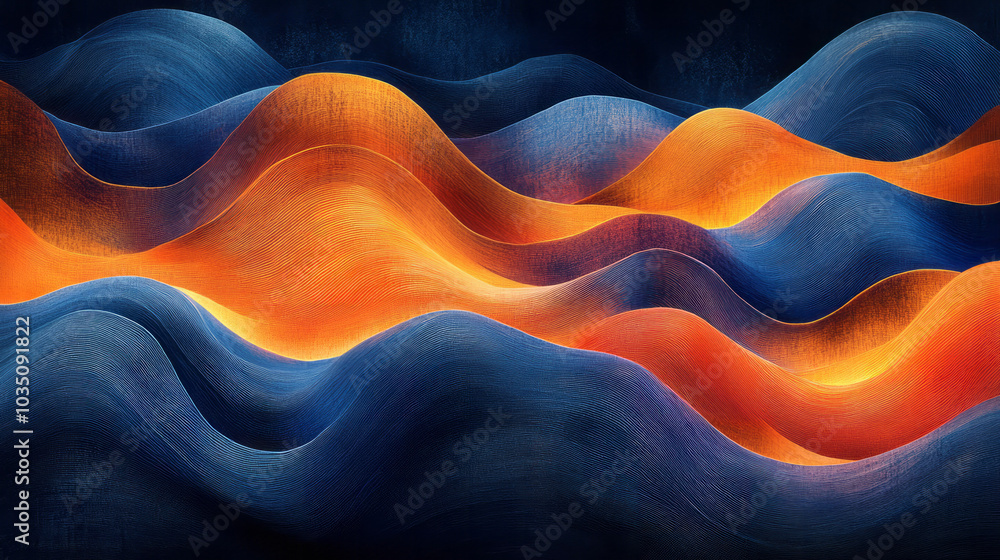 Poster abstract blue and orange wavy lines weaving through a geometric pattern, creating a sense of fluid m
