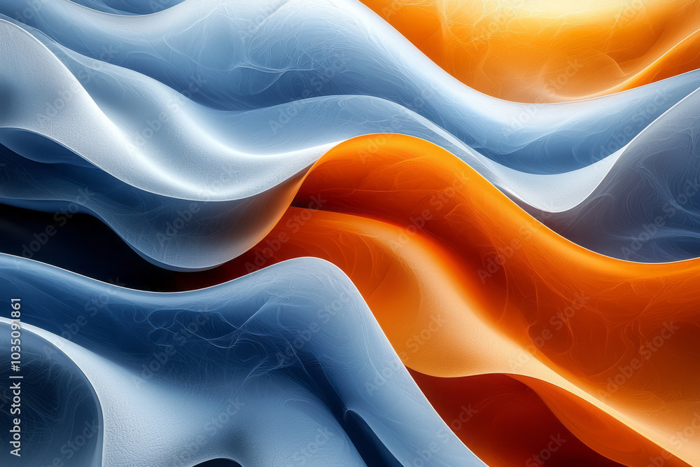 Poster blue and orange wavy lines intersecting in a smooth geometric pattern, forming a vibrant abstract fl