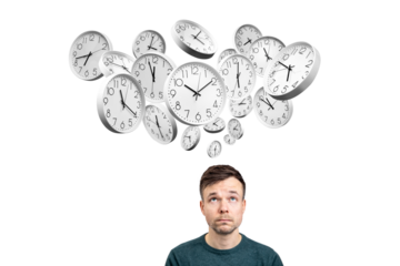Time Concept with Floating Clocks Above a Person Isolated from Background