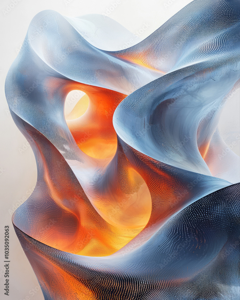 Poster a modern geometric design with flowing blue and orange wavy lines, creating a dynamic abstract compo