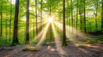 Fototapeta premium Tranquil Forest Clearing with Sunbeams Filtering Through the Verdant Foliage A Peaceful and Serene Woodland Landscape Scene