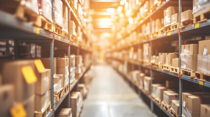Fototapeta premium Retail warehouse full of shelves with goods in cartons, with pallets and forklifts. Logistics and transportation blurred background. Product distribution center.