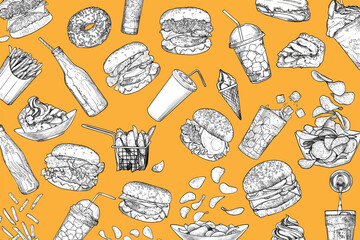 Vector hand drawn burgers, fries, sweets and drinks background. Vector outline and fill on yellow background. Outline and fill are grouped separate. 
