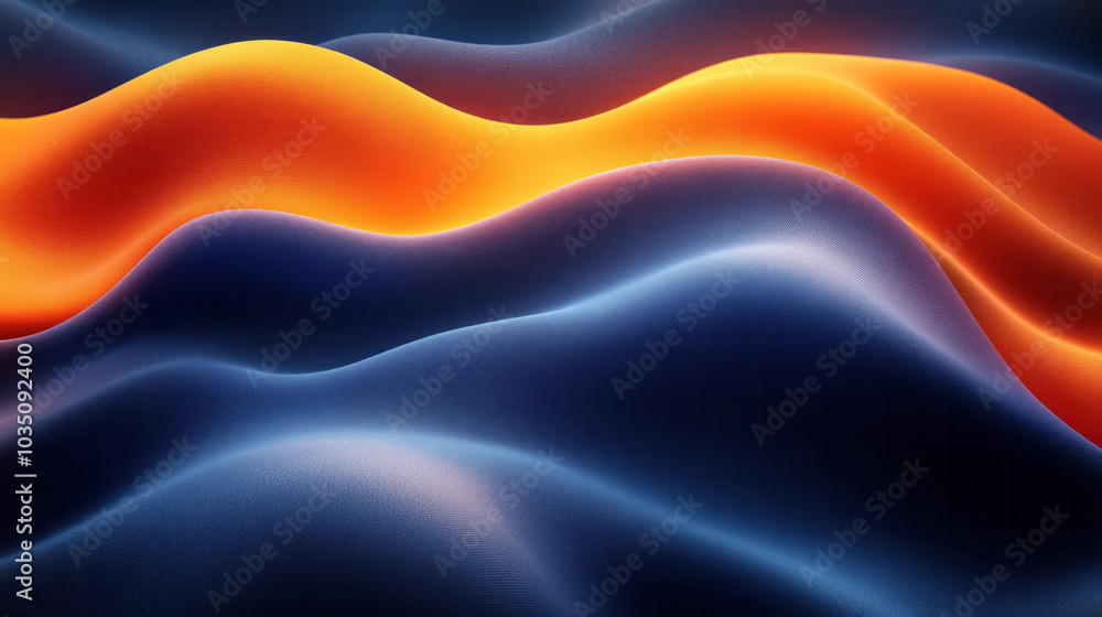 Poster wavy blue and orange lines curving through a geometric design, creating a smooth, flowing abstract p