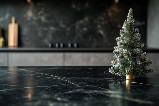 Modern empty black marble table top with small Christmas tree, kitchen bokeh background