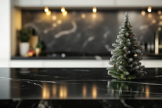 Modern empty black marble table top with small Christmas tree, kitchen bokeh background