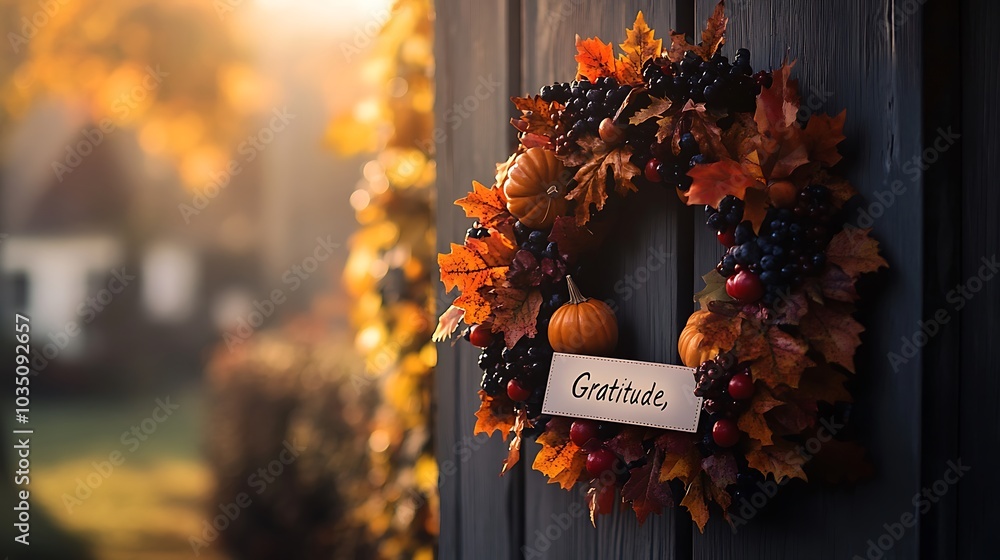 Poster A close-up of a gratitude wreath featuring autumn leaves, berries, and pumpkins, with a ribbon that says 