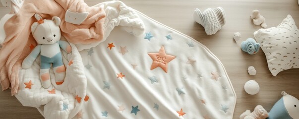A cozy baby blanket with a plush toy and decorative stars, perfect for nurseries and children's rooms.