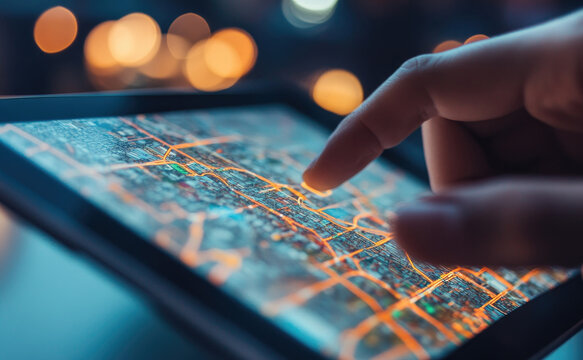 Person using touchscreen tablet with digital map application at night