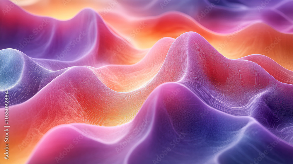 Poster a fluid 3d surface design with wavy lines in gradient hues, creating an abstract undulating texture,