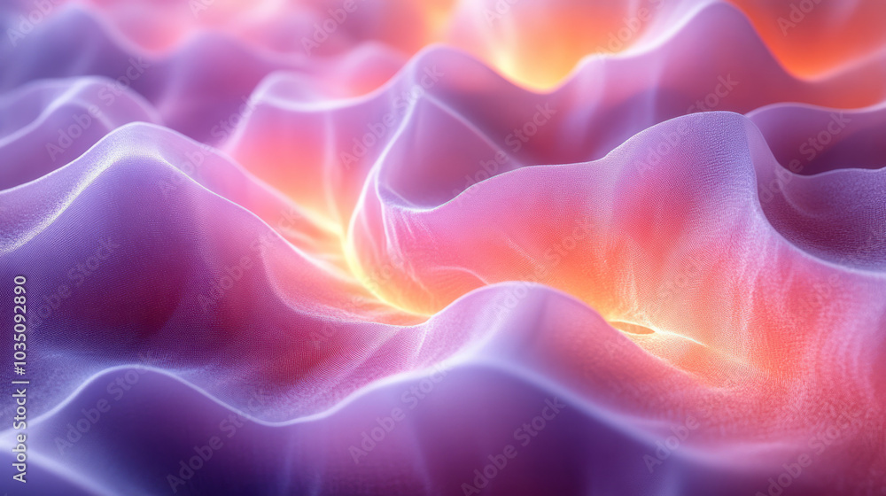 Poster a fluid 3d surface design with wavy lines in gradient hues, creating an abstract undulating texture,