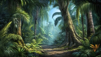 Naklejka premium Lush Tropical Rainforest Path with Sunlight Filtering Through Canopy