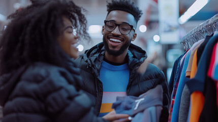 Fototapeta premium Young couple shopping for clothes together in a trendy store, laughing and enjoying each other's company while choosing winter jackets and stylish merchandise