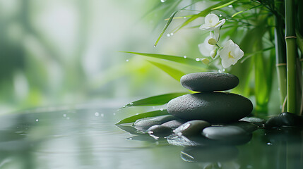 Balanced zen stones with bamboo leaves, orchid flower, and water drops on a blurred background
