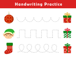 Handwriting practice sheet with cute christmas illustration . Basic writing. Educational game for children. Handwriting practice worksheets for kids.
