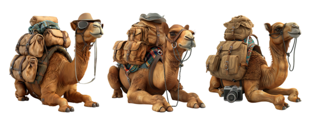 Camels with luggage, isolated on white background