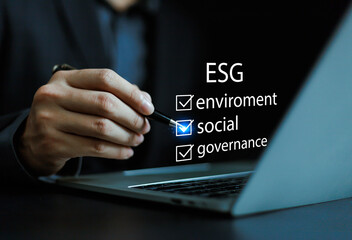 ESG blocks, the concept of helping the world, sustainable corporate development, environmental accounting, society, ESG concept of environment, society and governance.