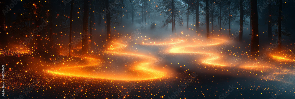 Poster abstract paths and shapes forming a map of unknown places, glowing with mystery and intrigue,