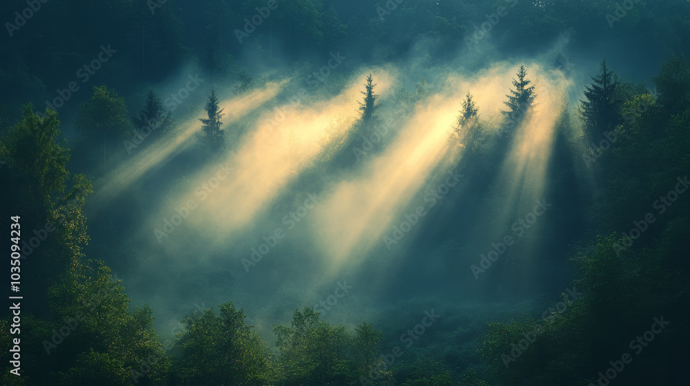 Aufkleber an abstract scene of light filtering through dense mist, casting soft, glowing rays across a misty l