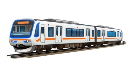 Obraz premium A white and blue electric train with orange accents on tracks.