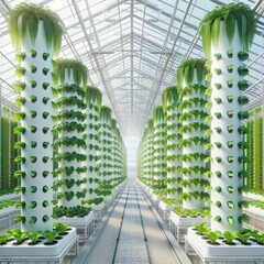 Modern Hydroponic Greenhouse with Vertical Farming Towers Growing Lush Green Vegetables, Showcasing Sustainable Agriculture Techniques and Innovation in Eco-Friendly Food Production