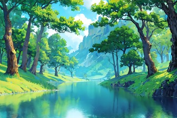 Fototapeta premium Sunny Serenity A Peaceful Illustration of a Calm Waterfront Surrounded by Lush Greenery