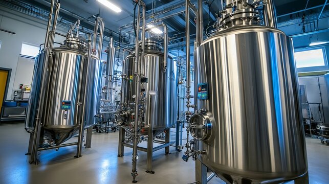 Stainless steel bioreactors in an industrial setting, used for bioprocessing and fermentation.