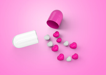 An Open Pink And White Glossy Capsule With Minimal Heart Shaped Pills Spilling Out 3D Illustration