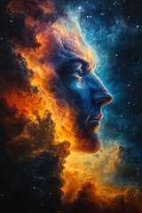 A vibrant nebula in the form of a face, swirling with colorful gases, floating in a cosmic expanse,