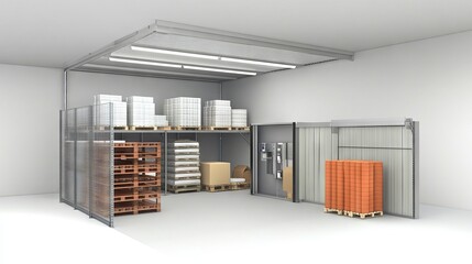 Temperature-controlled refrigerated storage cold room and warehouse with shelves and pallets.