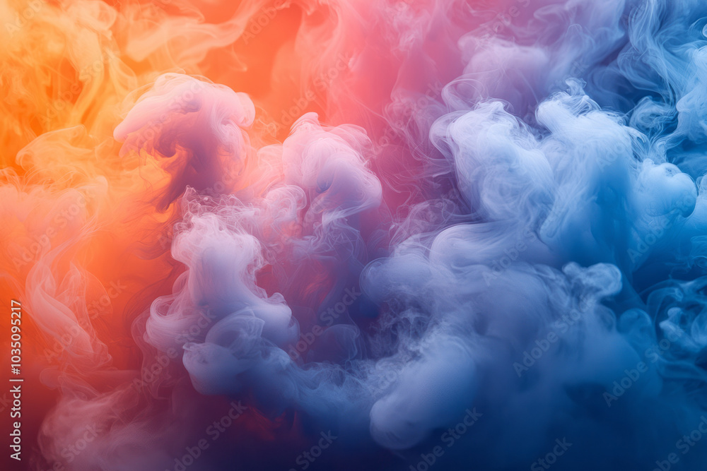 Poster bright clouds of colored smoke swirling and flowing dynamically, creating an abstract, energetic eff