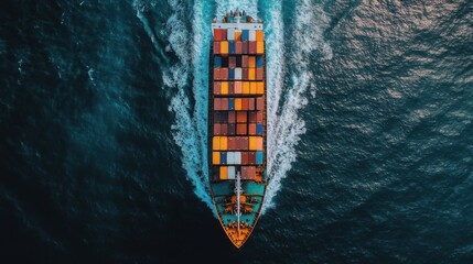 Aerial view of container ship on ocean.