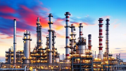 Fototapeta premium Oil refinery plant at sunset, glowing lights, massive industrial complex