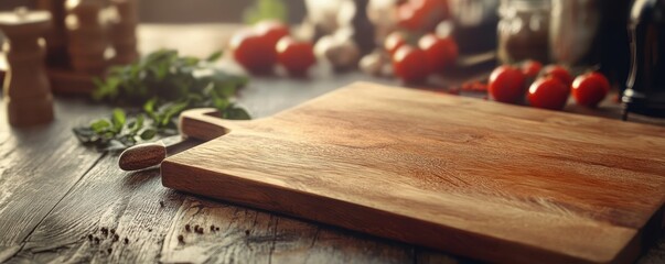 A rustic wooden cutting board surrounded by fresh ingredients, perfect for culinary creations and food photography.