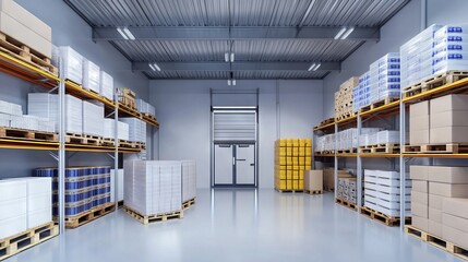 Temperature-controlled refrigerated storage cold room and warehouse with shelves and pallets.