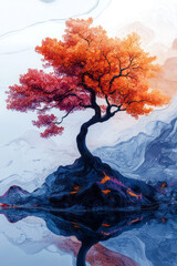 A tree with branches full of leaves in the form of abstract symbols, swaying in a surreal landscape,