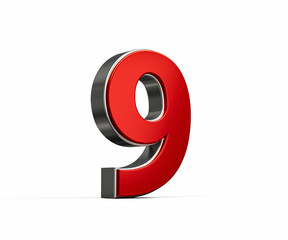 Bold Vibrant Red Number Nine Number 9 With Sleek Metallic Gleam On White Background 3D Illustration
