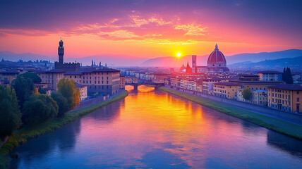 Obraz premium Sunrise view on Florence city centre and Duomo from Vista panoramica di Firenze