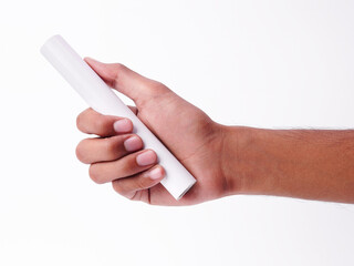 Closeup Photo Of A Male Hand Holding A New White PVC Plastic Pipe Isolated On White Background