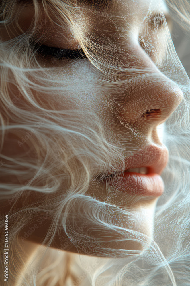 Poster a surreal abstract portrait conveying sadness, with muted tones and flowing lines representing deep 