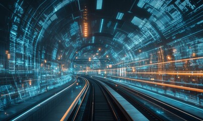 Train tracks in a digital tunnel.