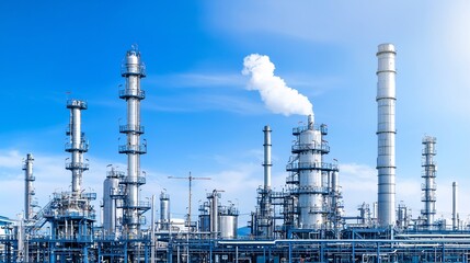 Fototapeta premium Fuel processing plant with towering distillation columns, heavy machinery