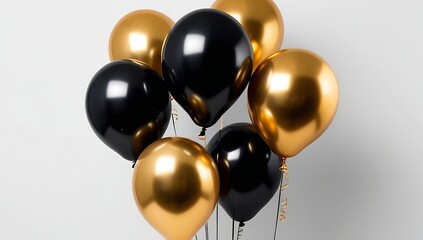 A luxury combination of black and gold balloons, set against a smooth white background. Perfect for exclusive celebrations, sophisticated parties, and glamorous promotional designs.