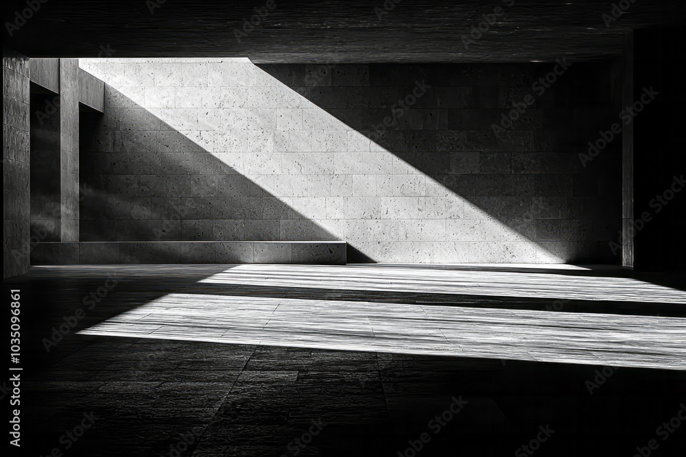 Poster bold geometric shapes casting sharp shadows, with light illuminating their clean edges and sharp ang