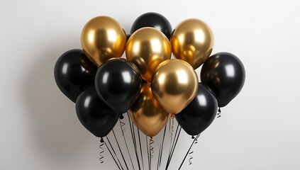 Chic and glamorous gold and black balloons float on a minimalist white background. Perfect for promoting high-end events, birthdays, anniversaries, or VIP gatherings.