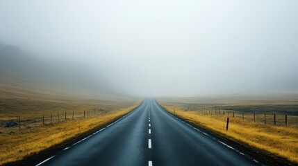 Fototapeta premium A serene road stretching into the foggy horizon, surrounded by golden fields and a mysterious, tranquil atmosphere.