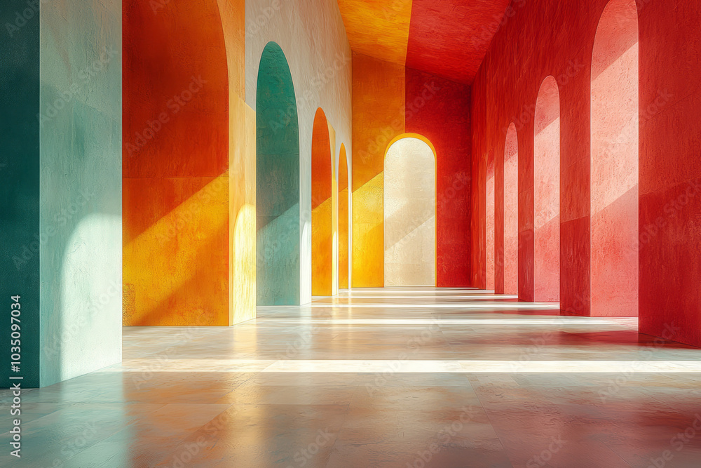 Aufkleber A minimalist scene with light casting angular shadows on geometric figures, creating a modern abstract design,
