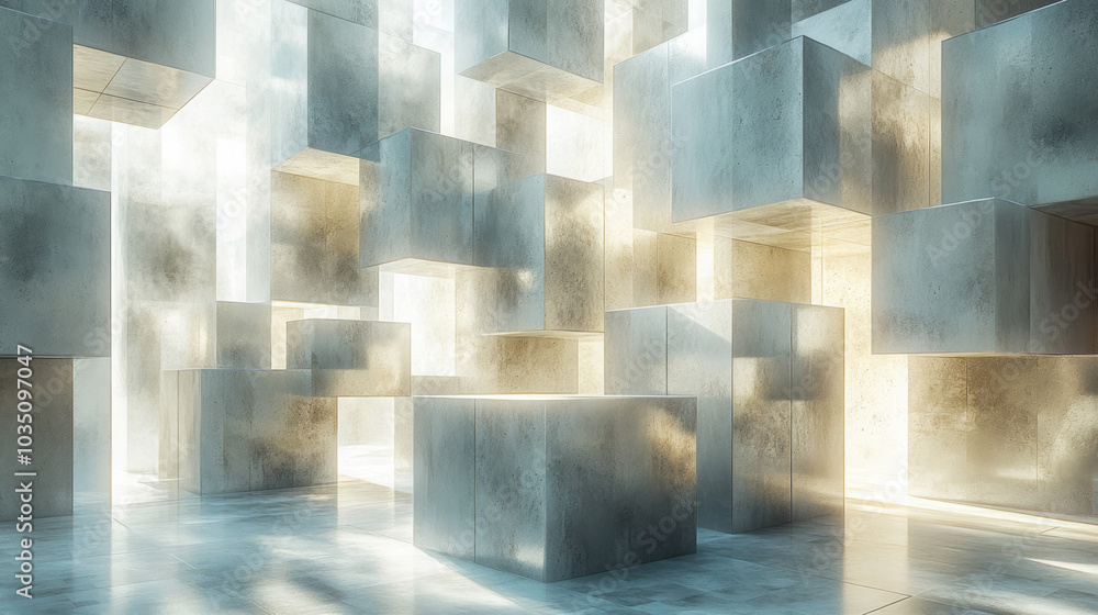 Poster interlocking geometric shapes with soft, diffused light and deep shadows forming abstract patterns,