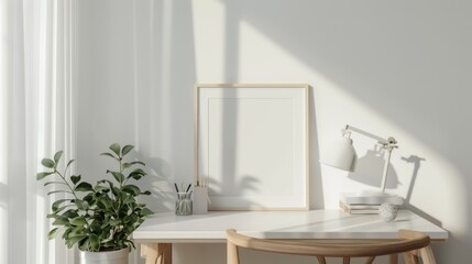 A clean, modern desk setup with white walls and wood tones. The desk features a blank picture frame and a single potted succulent. Soft