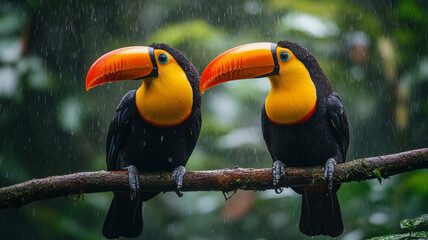 Fototapeta premium Toucan sitting on the branch in the forest, green vegetation, Costa Rica. Nature travel in central America. Two Keel-billed Toucan, Ramphastos sulfuratus, pair of bird with big bill.